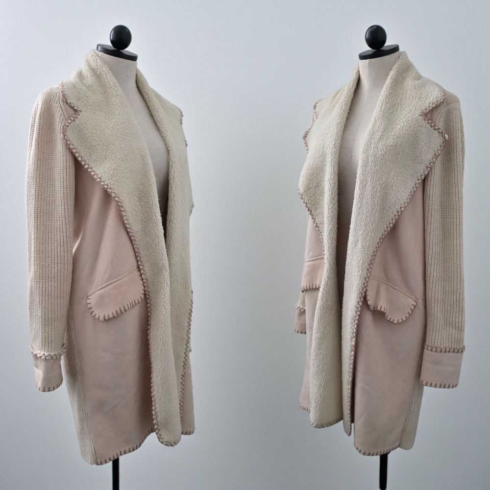 Cliche Cardigan Cable Knitted Faux Fur & Faux Suede Beige Tan Large - Picture 4 of 7